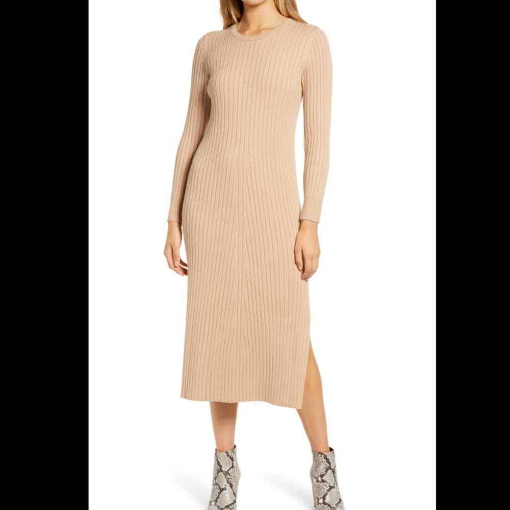 WAYF Dress Sweater Hollie Long Sleeve Beige Camel Sz M